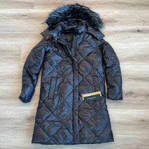Donna Karan Newyork Shine Faux Fur Trim Hooded Puffer Coat small WOMANS